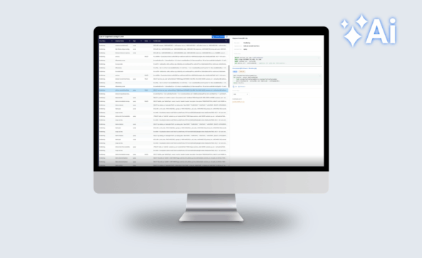 Illustration of a desktop monitor displaying a data migration dashboard with code conversion panels and workflow tables, overlaid with a blue circular AI logo, representing smarter IFS Cloud migration automation.
