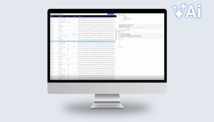 Illustration of a desktop monitor displaying a data migration dashboard with code conversion panels and workflow tables, overlaid with a blue circular AI logo, representing smarter IFS Cloud migration automation.
