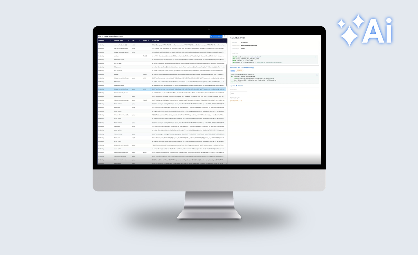 Illustration of a desktop monitor displaying a data migration dashboard with code conversion panels and workflow tables, overlaid with a blue circular AI logo, representing smarter IFS Cloud migration automation.