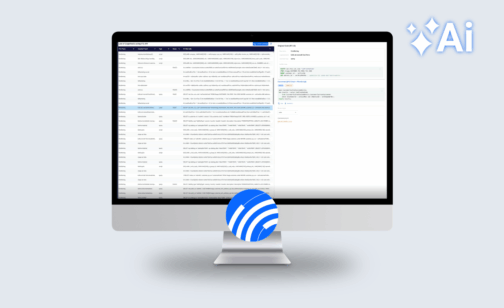 Illustration of a desktop monitor displaying a data migration dashboard with code conversion panels and workflow tables, overlaid with a blue circular AI logo, representing smarter IFS Cloud migration automation.