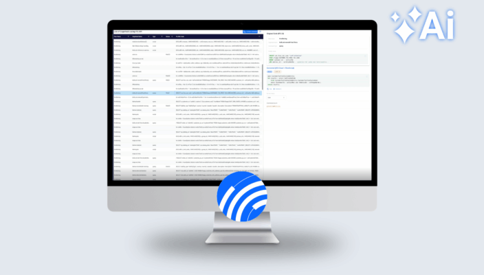 Illustration of a desktop monitor displaying a data migration dashboard with code conversion panels and workflow tables, overlaid with a blue circular AI logo, representing smarter IFS Cloud migration automation.