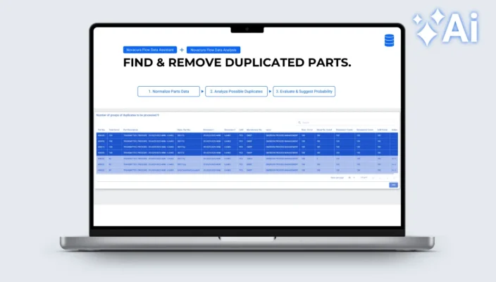 A mockup of a laptop displaying a software interface titled "FIND & REMOVE DUPLICATED PARTS." The interface showcases a combination of "Novacura Flow Data Assistant" and "Novacura Flow Data Analysis."