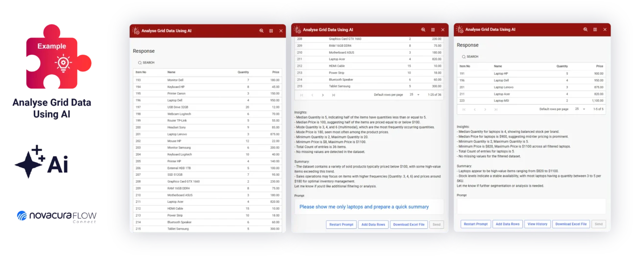 This application example demonstrates how to analyze and interact with Excel data within Novacura Flow using AI-integrated natural language processing.