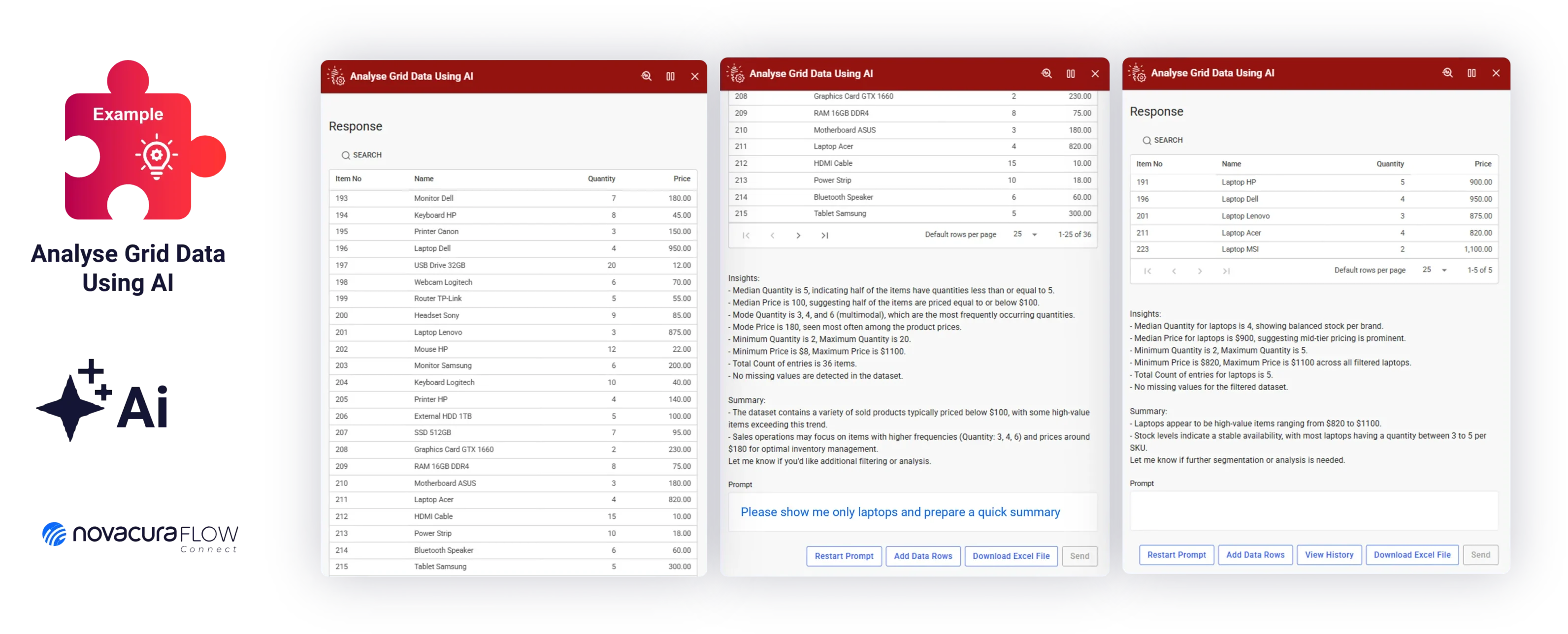 This application example demonstrates how to analyze and interact with Excel data within Novacura Flow using AI-integrated natural language processing.