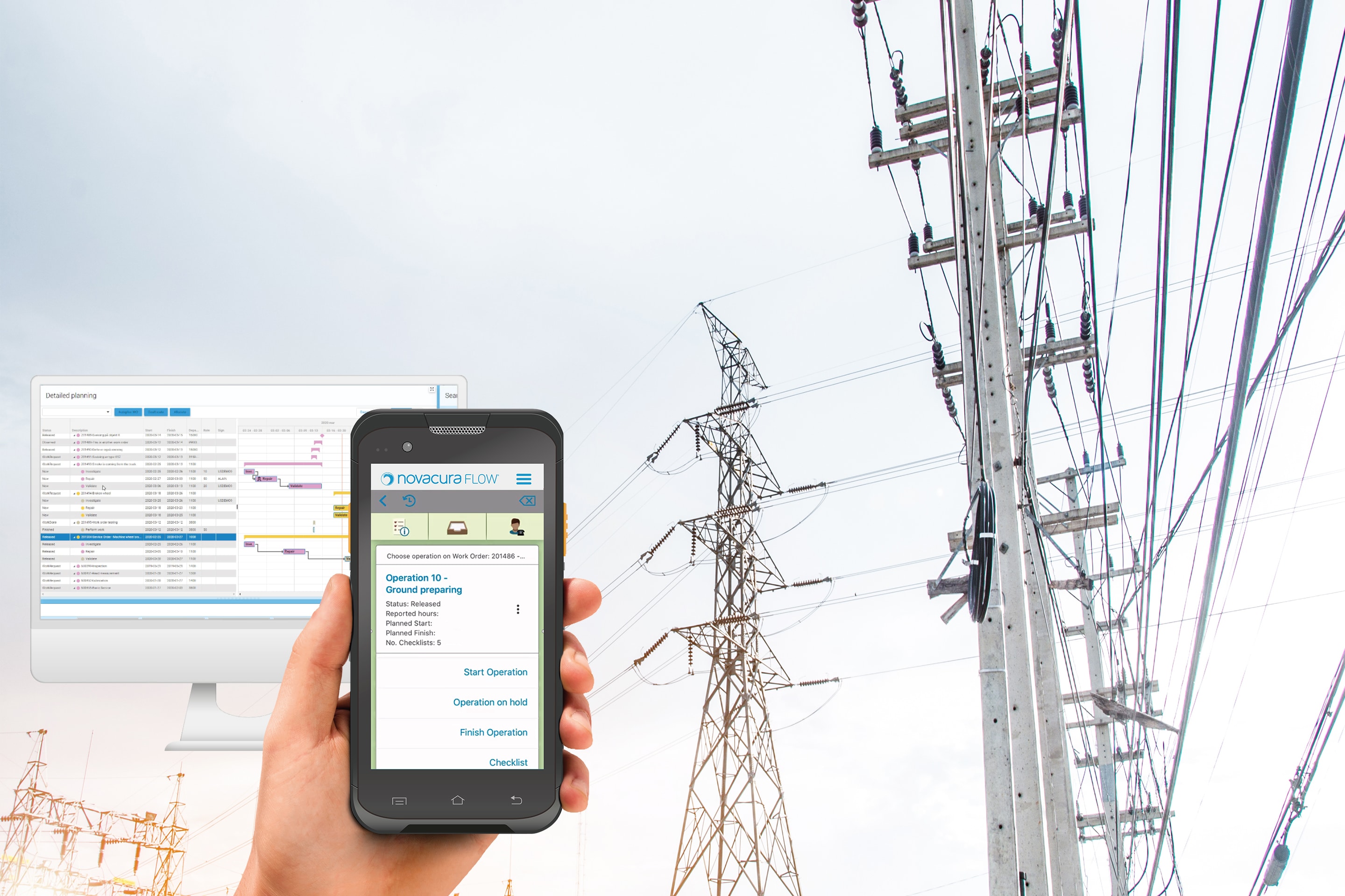 A picture of Novacura Flow on different devices with power lines in the background