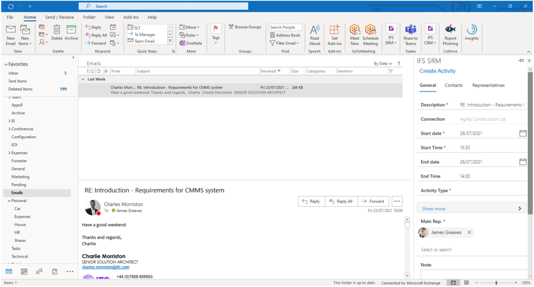 Easily sync Outlook with IFS Cloud using erp software features, image by Novacura