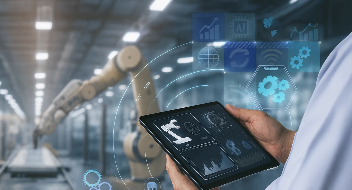 Tablet displaying AI-powered ERP tools in smart factory, image by Novacura
