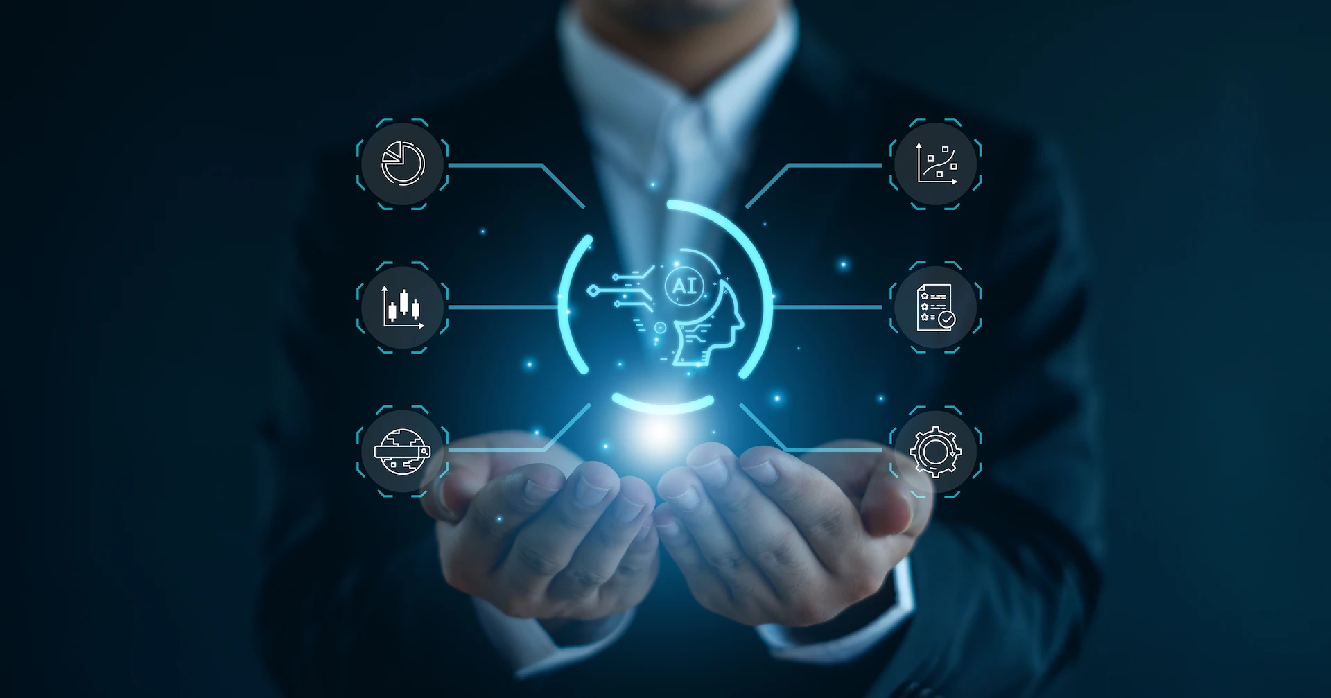 Businessman presenting core aspects of AI and ERP collaboration, image by Novacura