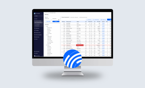 A desktop monitor displaying a production overview dashboard with a batch log interface, showing fermentation data such as tank numbers, product names, status, temperature, pH, and CO₂ levels, with a navigation menu on the left and a blue ovacura logo overlay in the foreground.