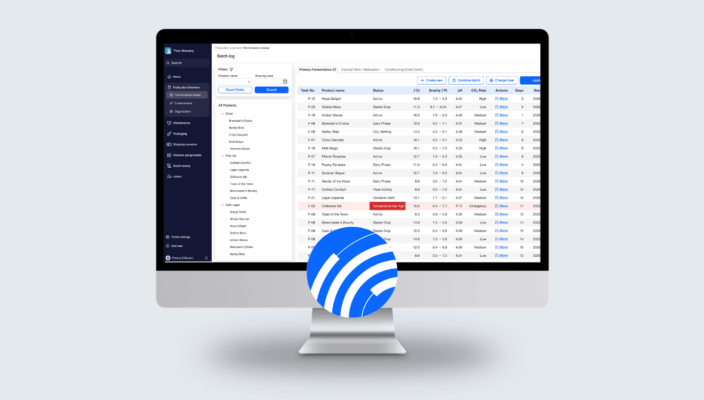 A desktop monitor displaying a production overview dashboard with a batch log interface, showing fermentation data such as tank numbers, product names, status, temperature, pH, and CO₂ levels, with a navigation menu on the left and a blue ovacura logo overlay in the foreground.