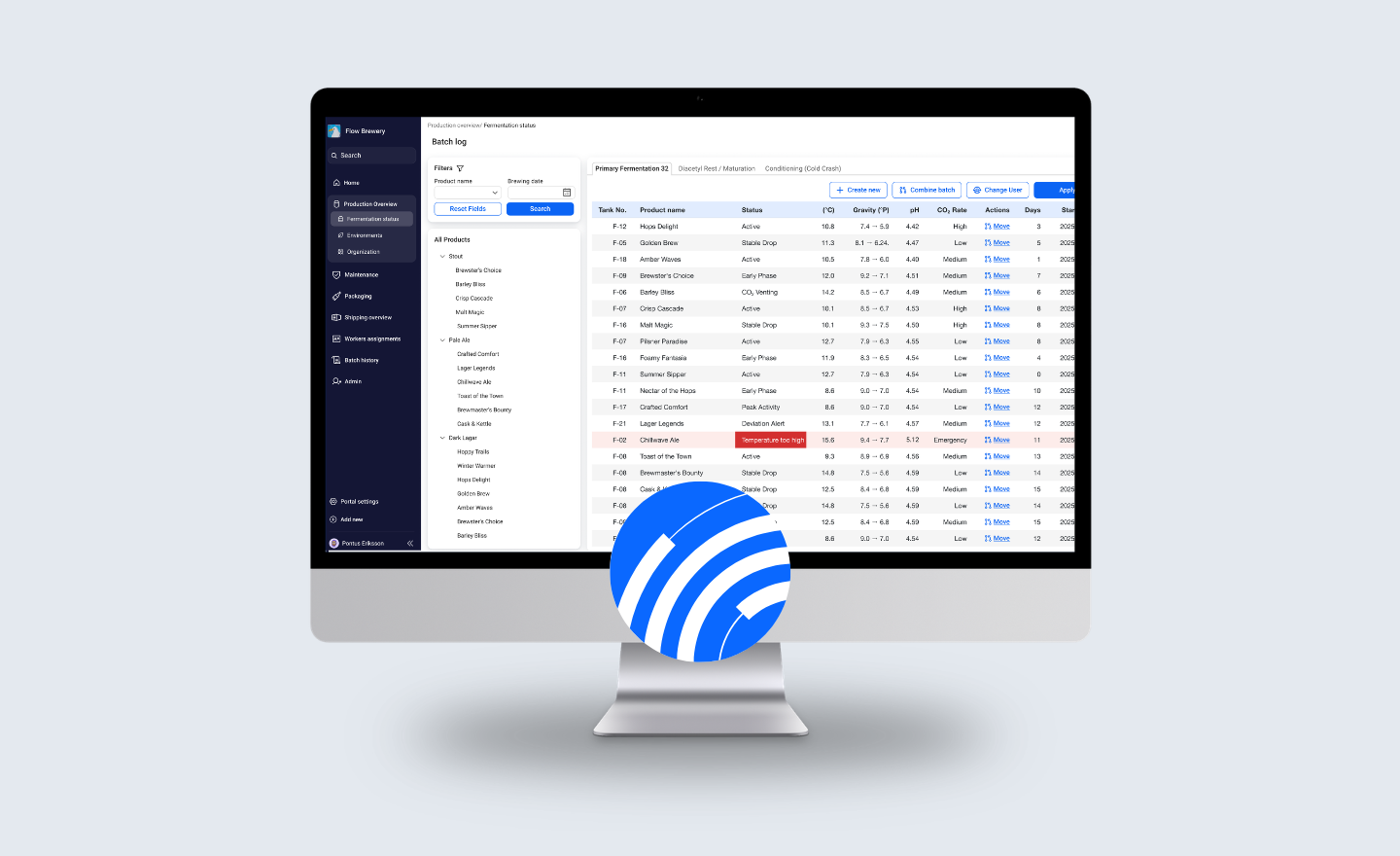 A desktop monitor displaying a production overview dashboard with a batch log interface, showing fermentation data such as tank numbers, product names, status, temperature, pH, and CO₂ levels, with a navigation menu on the left and a blue ovacura logo overlay in the foreground.