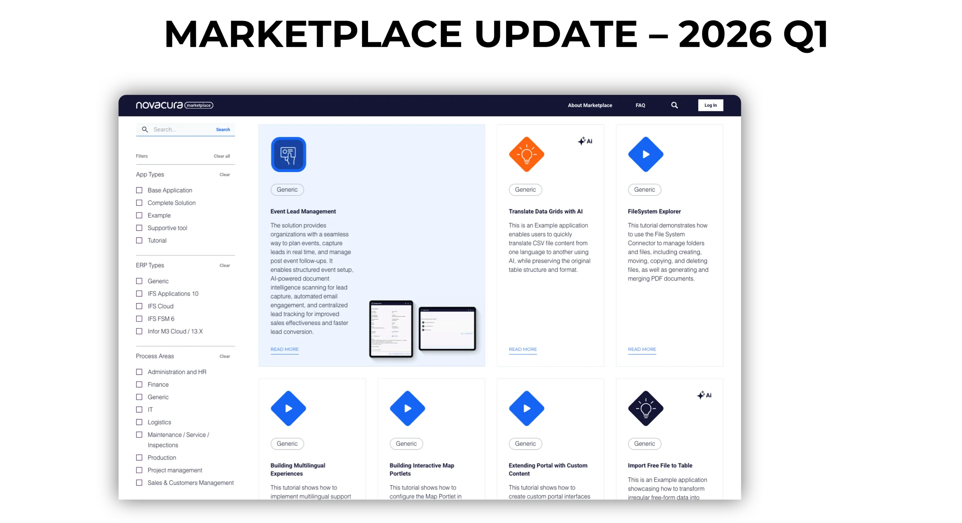 Screenshot of the Novacura Marketplace interface displaying a grid of application cards, including event management, AI data translation, and file system tools, with filtering options on the left for app types, ERP systems, and process areas.