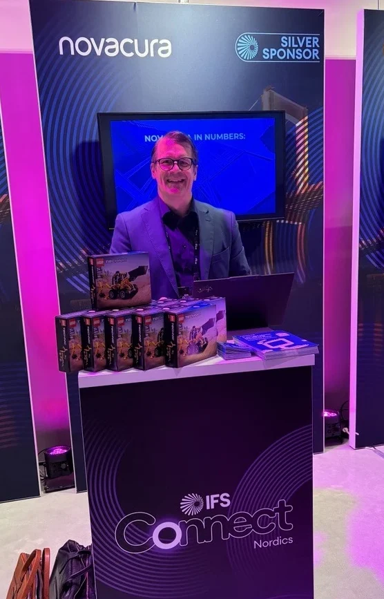 Novacura booth at IFS Connect Nordics 2026 in Gothenburg, showcasing low-code solutions and the Flow ERP Fusion AI Engine for IFS Cloud users.