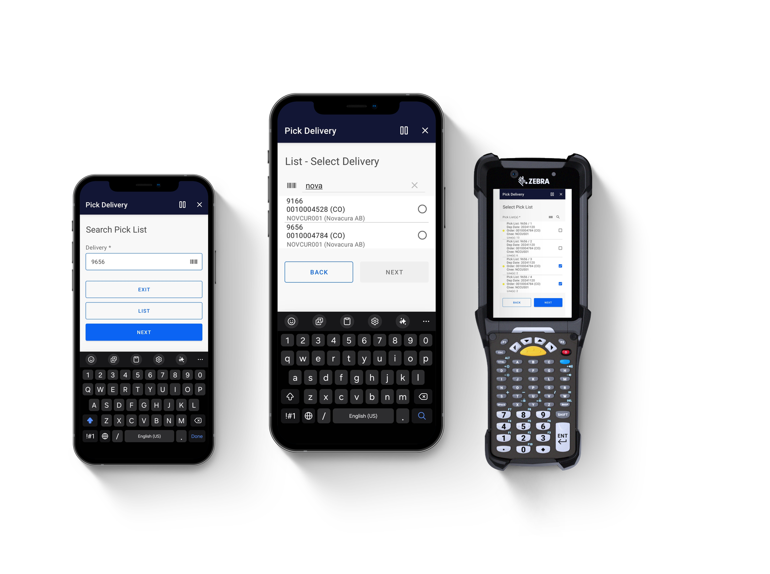 A product layout featuring three mobile devices displaying different screens of a logistics app titled "Receive Goods (PO)." The devices include two standard smartphones and one rugged Zebra enterprise scanner with a physical keyboard.