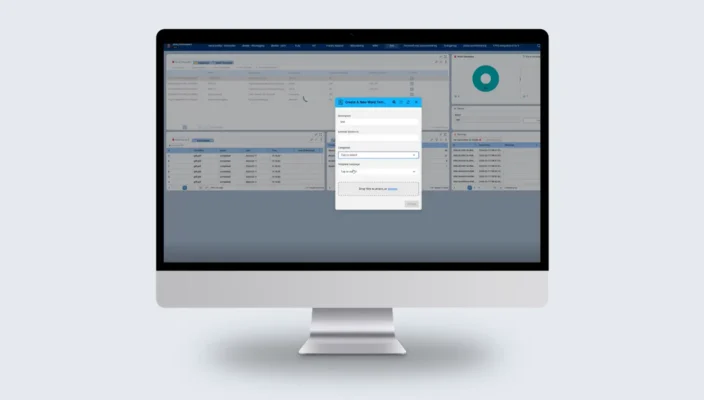 Desktop monitor displaying the Novacura Flow interface dashboard with a central pop-up window titled "Create A New Word Template" overlaying a data grid and analytical charts.