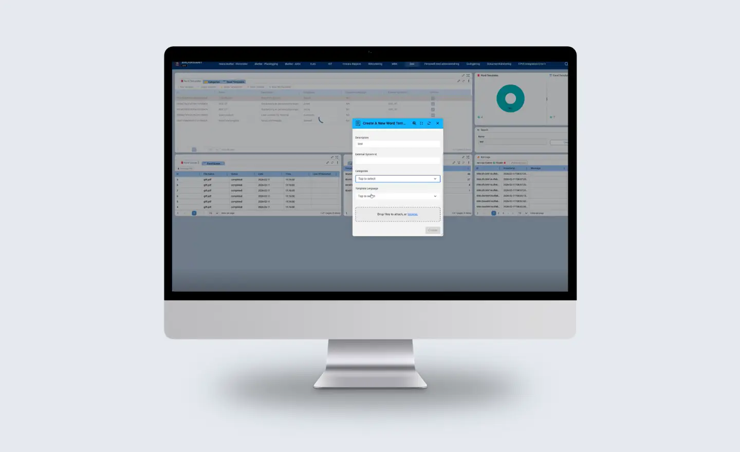 Desktop monitor displaying the Novacura Flow interface dashboard with a central pop-up window titled "Create A New Word Template" overlaying a data grid and analytical charts.