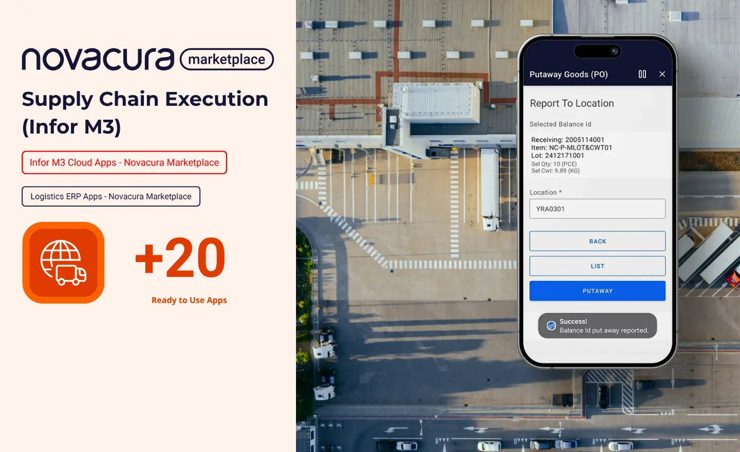 Novacura Marketplace promoting 20+ ready-to-use Infor M3 Cloud logistics apps with a mobile warehouse management interface.
