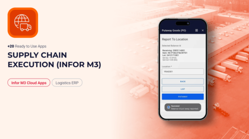 Novacura Marketplace promoting 20+ ready-to-use Infor M3 Cloud logistics apps with a mobile warehouse management interface.