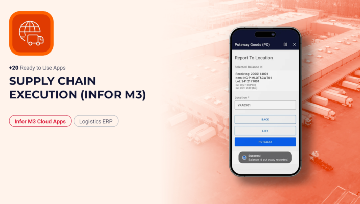 Novacura Marketplace promoting 20+ ready-to-use Infor M3 Cloud logistics apps with a mobile warehouse management interface.