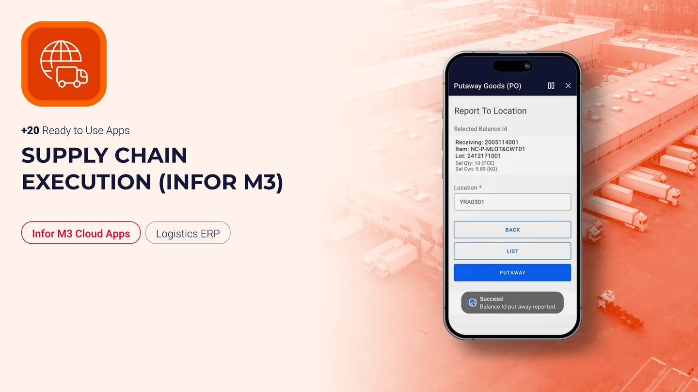 Novacura Marketplace promoting 20+ ready-to-use Infor M3 Cloud logistics apps with a mobile warehouse management interface.