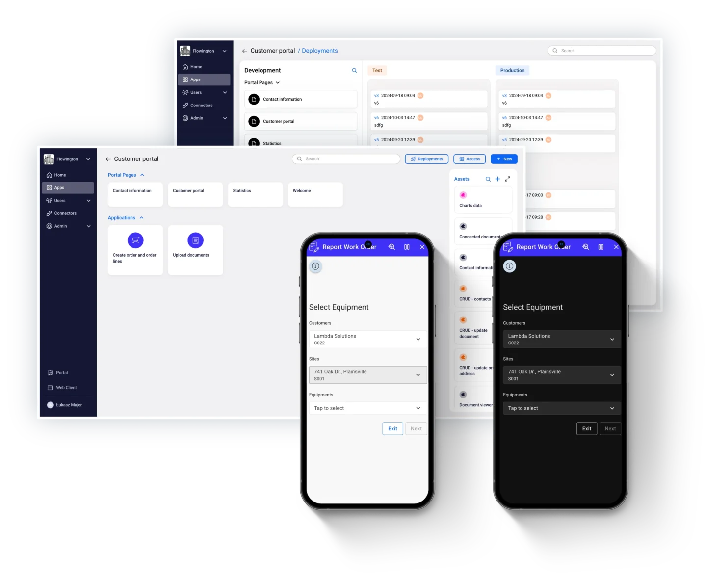 Showcase of Novacura Flow Connect web dashboard and mobile app interfaces in light and dark mode.