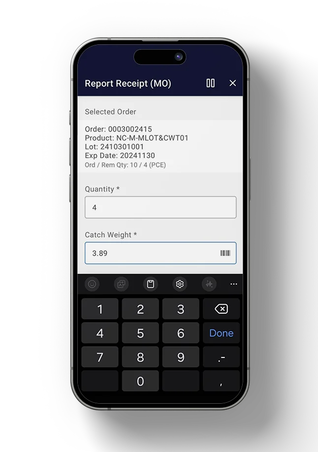 A smartphone displaying the Novacura mobile app screen for "Report Receipt (MO)" with fields for Quantity and Catch Weight.