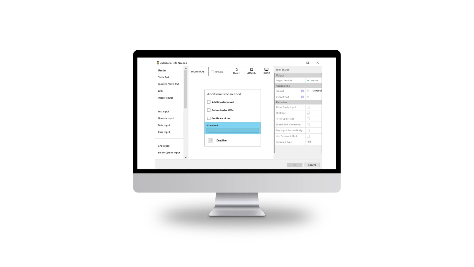 Screenshot of the Novacura Flow desktop application interface used to configure custom input forms, additional approvals, comments, and deadlines for KSeF e-invoice workflows.