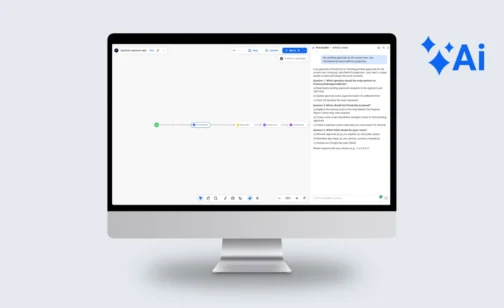 A desktop monitor displaying the Novacura Flow workflow editor application interface. The main canvas shows a horizontal process flowchart titled "Approve expense app" with connected step nodes. On the right panel, an AI chat assistant named "Flow Builder" provides guidance on generating scripts and configuring project settings. A blue AI sparkle icon is positioned in the upper right corner outside the monitor frame.