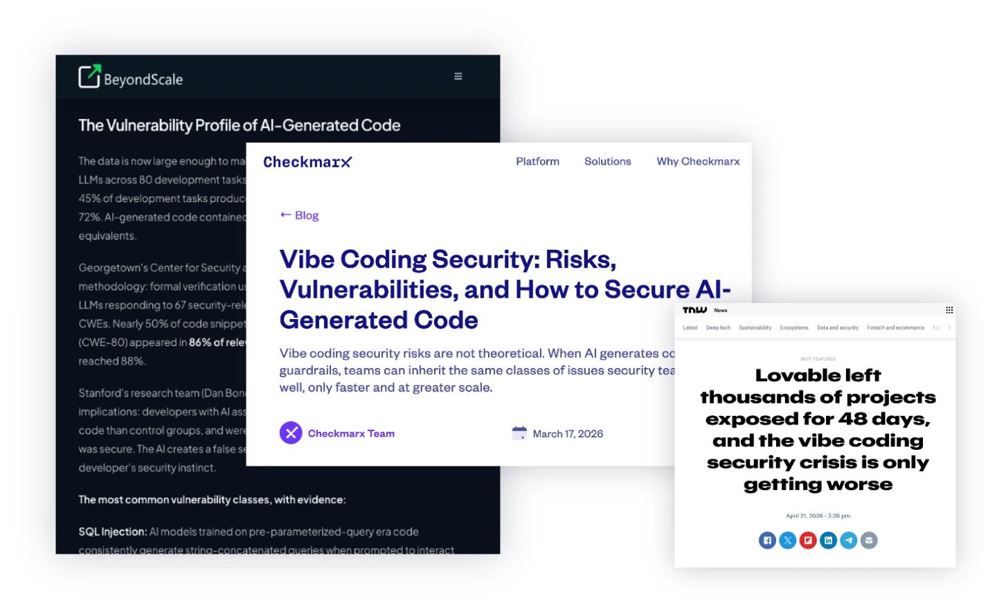 An overlapping collage of three digital article snippets focusing on AI-generated code vulnerabilities and "vibe coding" security risks.