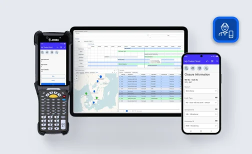 Novacura Mobile Work Order for IFS Cloud on three devices: a Zebra handheld with material reporting, a tablet with the Work Task Scheduler, and a smartphone with closure information, with the Mobile Work Order app icon.