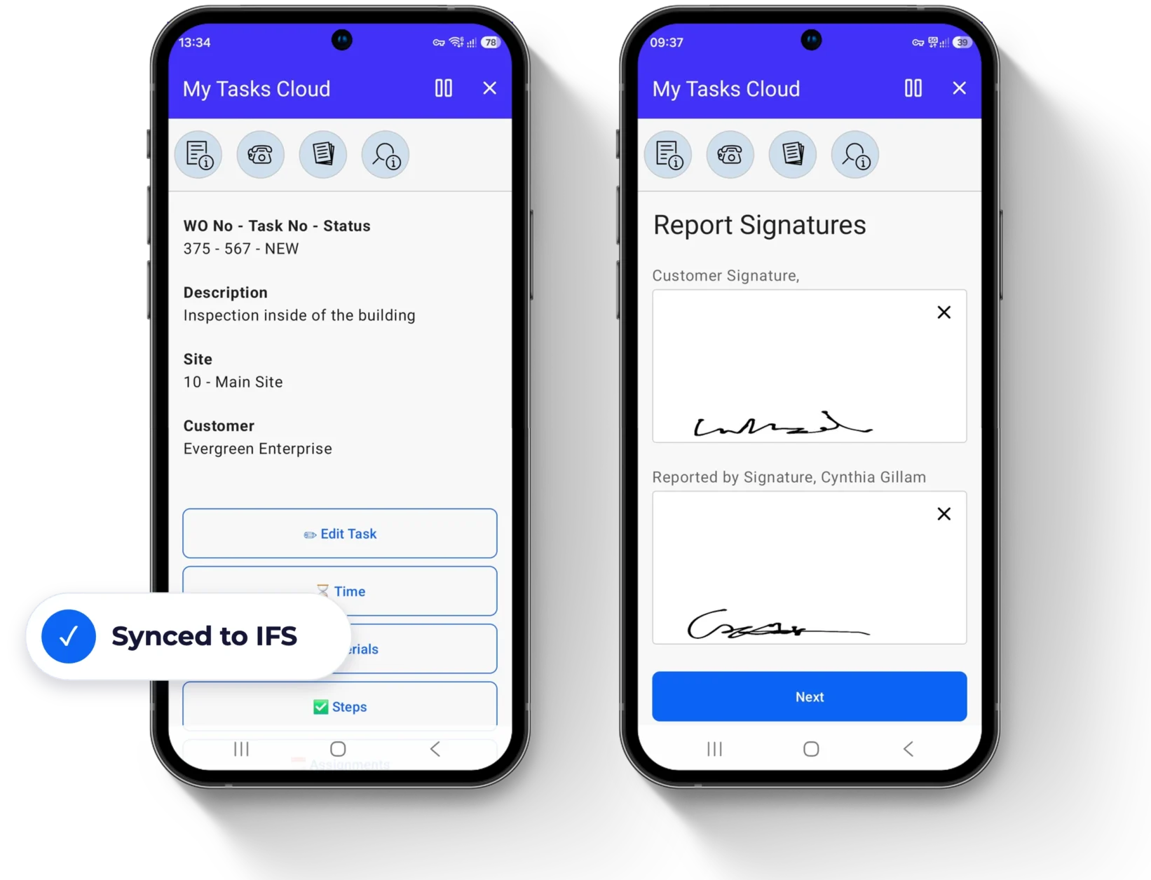 Novacura Mobile Work Order for IFS on two smartphones. The left screen shows a work order task with its status, site, customer, time, materials and steps. The right screen shows customer and technician signatures being captured in the field. Every update syncs back to IFS, connecting the ERP with the work done on site.