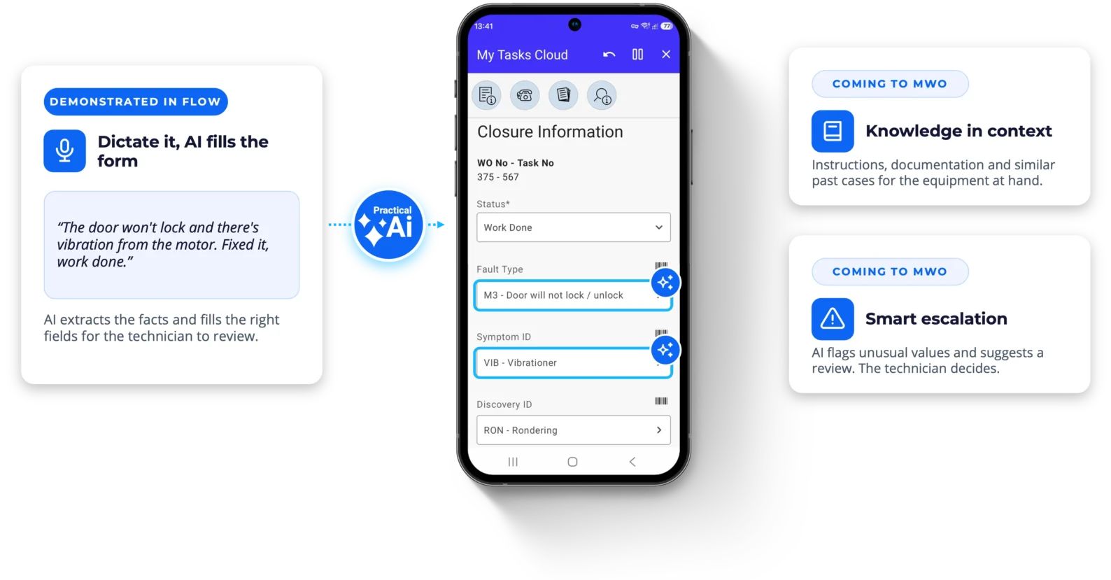 AI-assisted field service in Novacura Mobile Work Order: a technician’s spoken description is turned by AI into filled fault type and symptom fields on the closure screen, with upcoming features for technical knowledge in context and smart escalation.